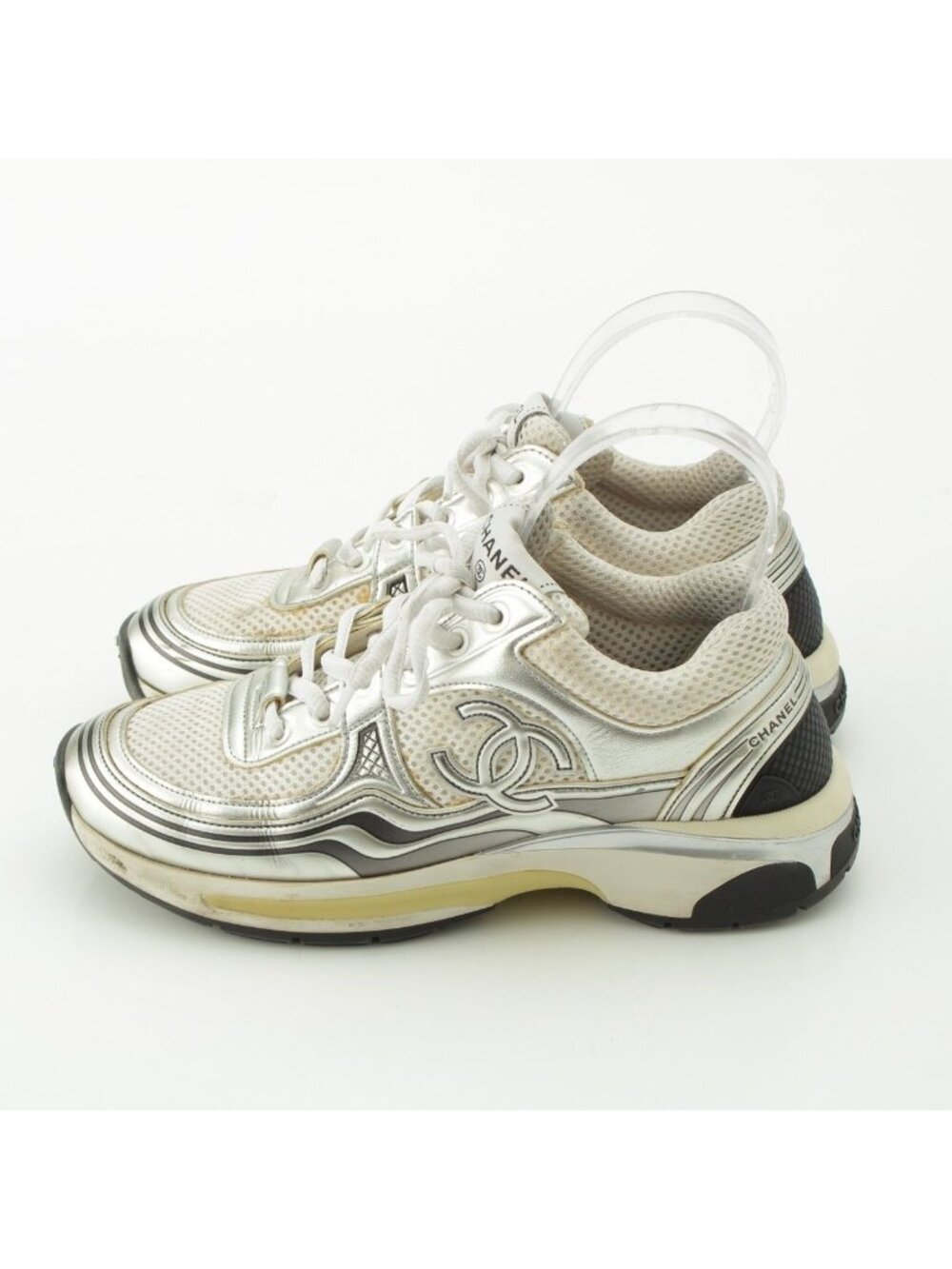 Chanel Mesh CC Logo Sneakers Low Cut Silver White - Picture 3 of 10